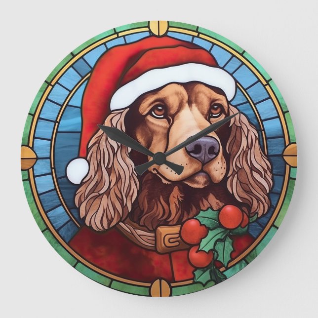 Reloj Redondo Grande Navidades del Cocker Spaniel StainGlass (Anverso)