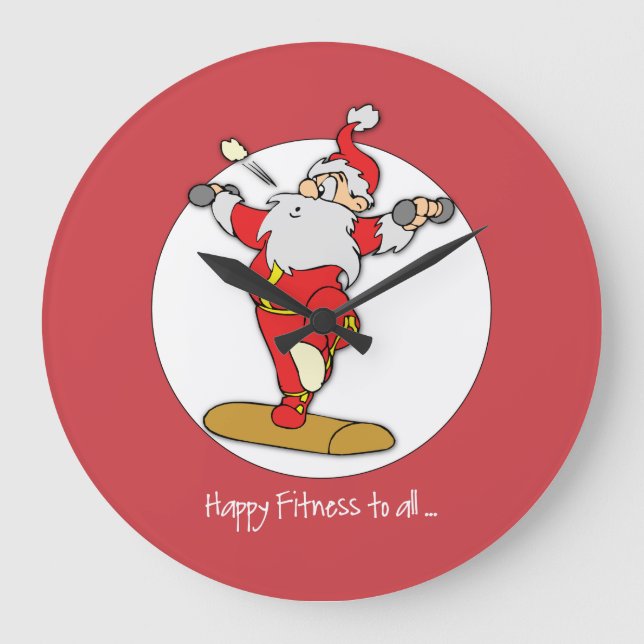 Reloj Redondo Grande Navidades del ejercicio de fitness feliz con Santa (Anverso)