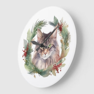 Reloj Redondo Grande Navidades del gato Maine Coon Wreath Festive Kitte