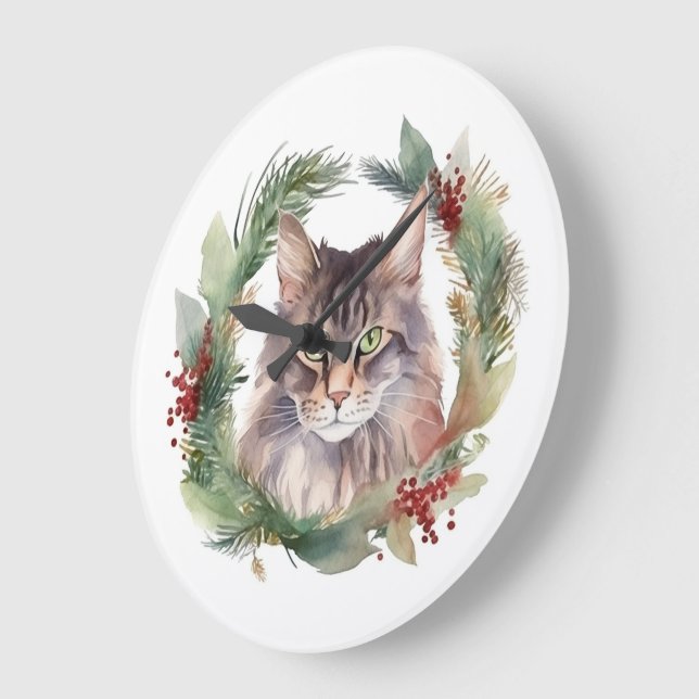 Reloj Redondo Grande Navidades del gato Maine Coon Wreath Festive Kitte (Ángulo)