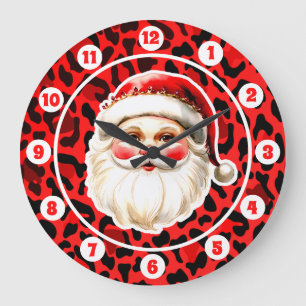 Reloj Redondo Grande Navidades del Retro Santa Claus del Leopardo Rojo