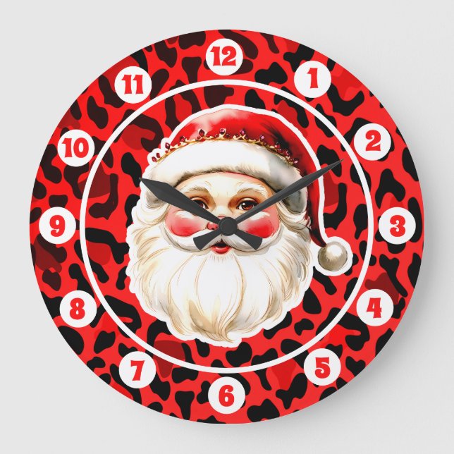 Reloj Redondo Grande Navidades del Retro Santa Claus del Leopardo Rojo (Anverso)