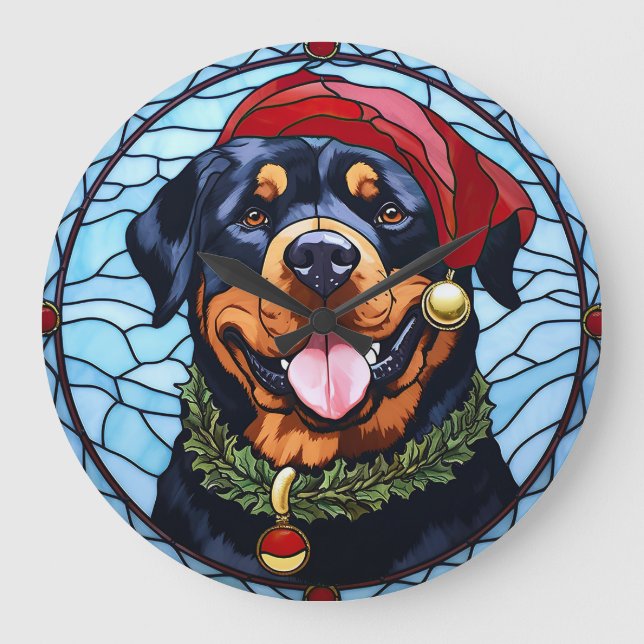 Reloj Redondo Grande Navidades del Rottweiler StainGlass (Anverso)