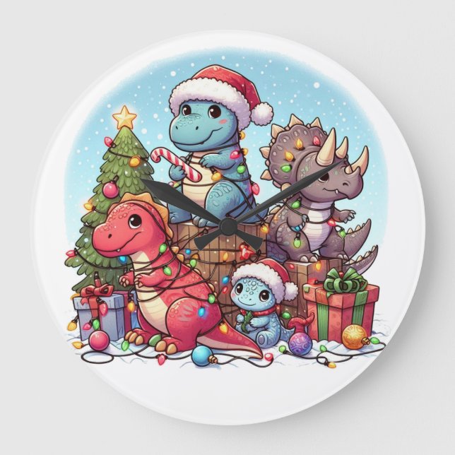 Reloj Redondo Grande Navidades dinosaurios, (Anverso)