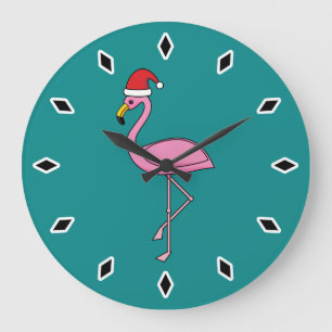 Reloj Redondo Grande Navidades Flamingo con Santa Hat