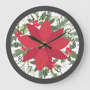 Reloj Redondo Grande Navidades florales de Poinsettia Roja