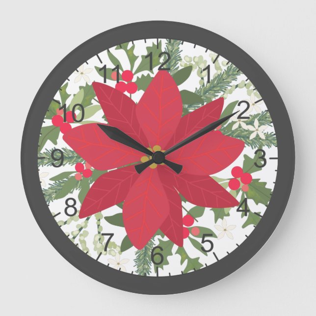 Reloj Redondo Grande Navidades florales de Poinsettia Roja (Anverso)