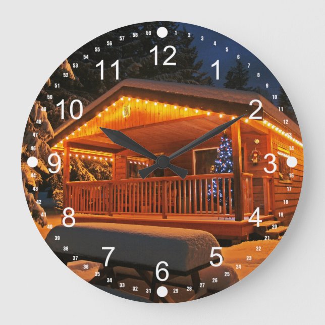 Reloj Redondo Grande Navidades hermosos iluminan la cabaña de troncos e (Anverso)