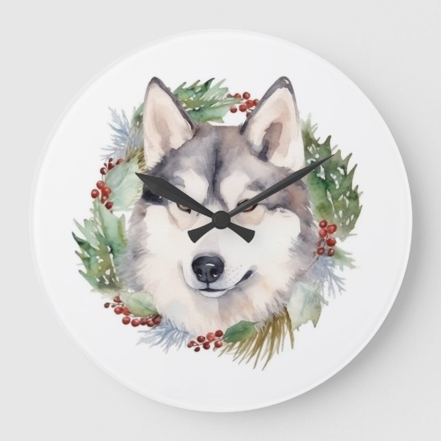 Reloj Redondo Grande Navidades Husky siberianos de corona festividad (Anverso)