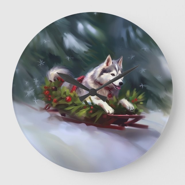 Reloj Redondo Grande Navidades Husky siberianos nevan el invierno (Anverso)