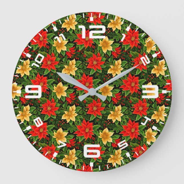 Reloj Redondo Grande Navidades Patrón de flores de Poinsettia-86755 (Anverso)