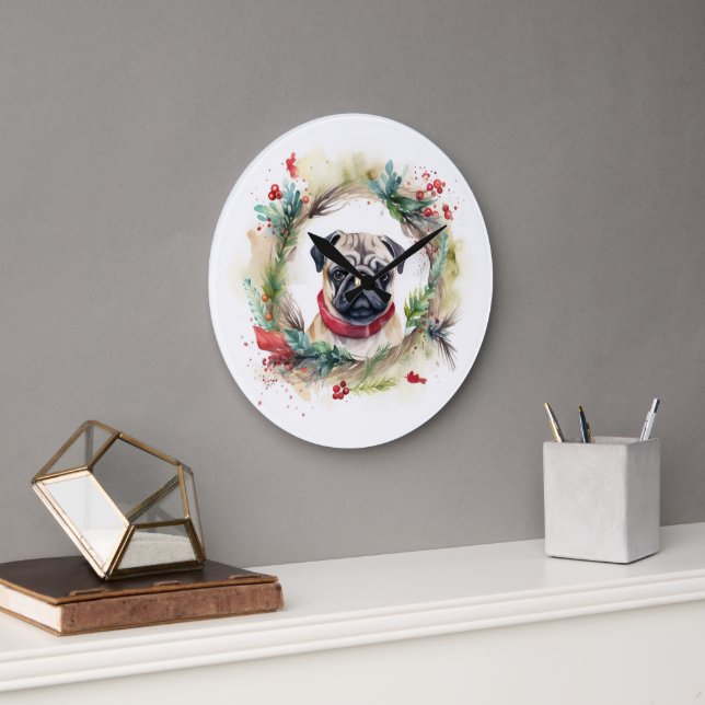 Reloj Redondo Grande Navidades Pug Wreath Festix Pup (Oficina)