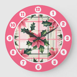 Reloj Redondo Grande Navidades Retro Rosado Plaid Floral Feliz Navidad