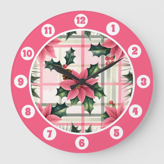 Reloj Redondo Grande Navidades Retro Rosado Plaid Floral Feliz Navidad (Anverso)