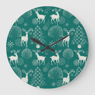 Reloj Redondo Grande Navidades rojos festivos, bosque invernal.
