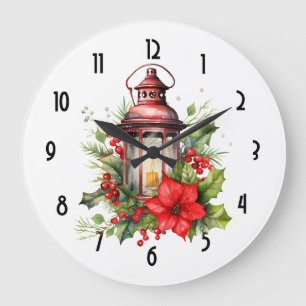 Reloj Redondo Grande Navidades rojos Lantern Poinsettia y Pine