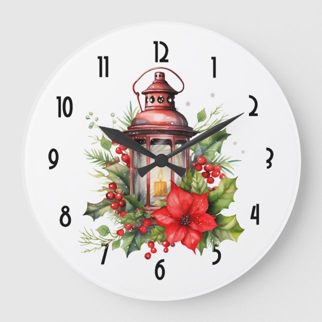 Reloj Redondo Grande Navidades rojos Lantern Poinsettia y Pine (Anverso)