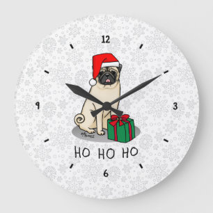 Reloj Redondo Grande Navidades Santa Hat Pug Dog (flor claro) Cute