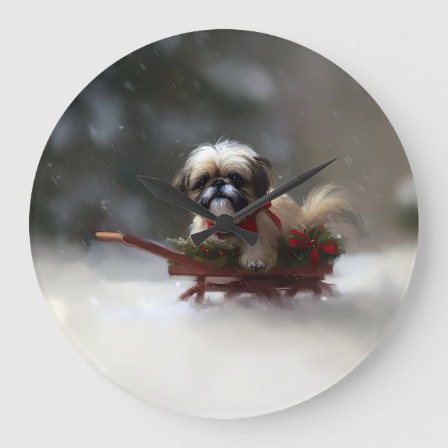 Reloj Redondo Grande Navidades Shih Tzu nevan en invierno (Anverso)