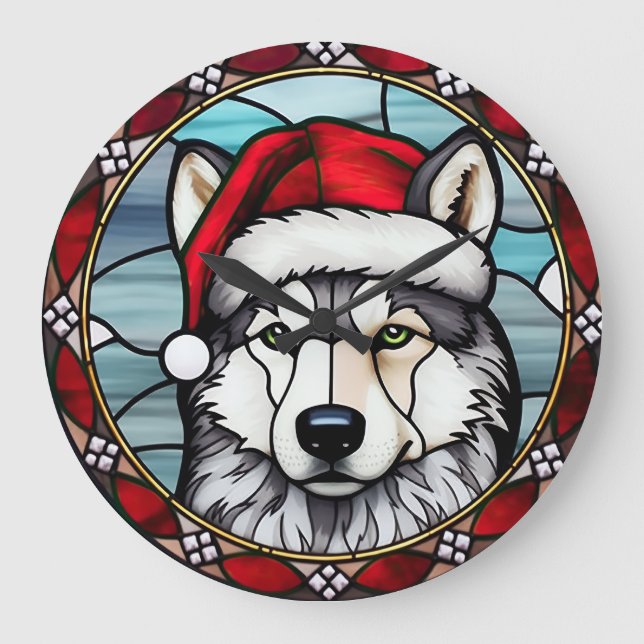 Reloj Redondo Grande Navidades Siberian Husky Staines Glass (Anverso)
