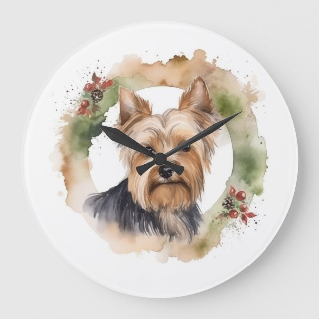 Reloj Redondo Grande Navidades Terrier de Yorkshire Wreath Festimes Pup (Anverso)