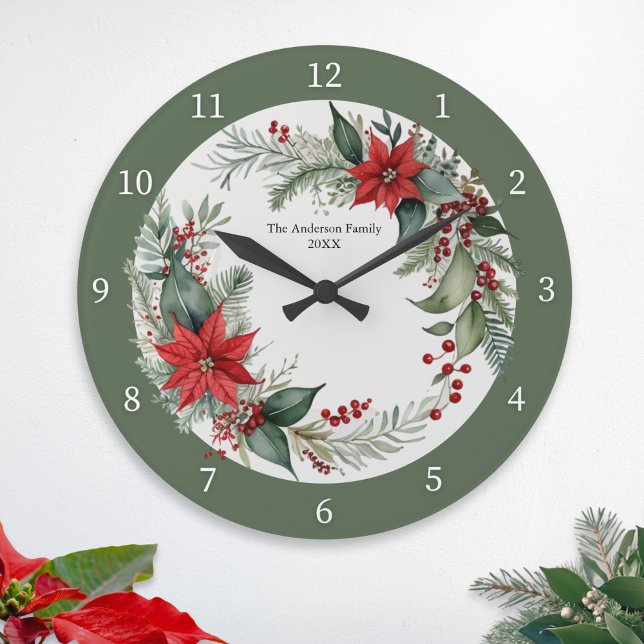 Reloj Redondo Grande Navidades Verdor con Personalizado de la Poinsetti (A personalized winter wall clock, with red poinsettia flowers and green leaves)