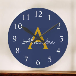 Reloj Redondo Grande Navy Blue Gold Modern Script Girly Monograma Nombr