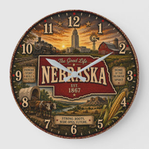 Reloj Redondo Grande Nebraska State Good Life Farmhouse PrairieRustic
