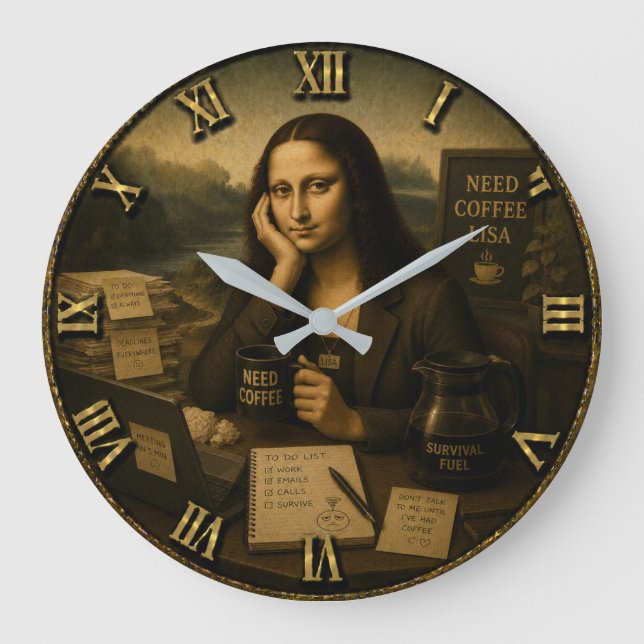 Reloj Redondo Grande Need Coffee Funny Mona Lisa Coffee Lover Gift  (Anverso)