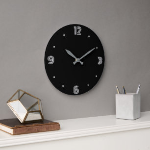 Reloj Redondo Grande Negro a la moda con números blancos y manos platea