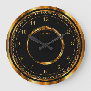 Reloj Redondo Grande Negro con el falso marco metálico del oro