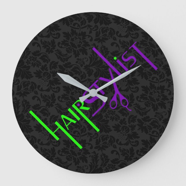 Reloj Redondo Grande Negro Damask Green Y Purple Text (Anverso)