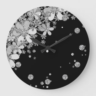 Reloj Redondo Grande Negro elegante g de las flores de la plata oscura