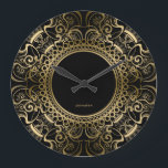 Reloj Redondo Grande Negro elegante y marco floral del oro<br><div class="desc">Marco floral blanco y negro de Monogramed en negro y oro.</div>