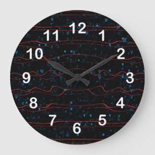 Reloj Redondo Grande Negro y azul con líneas rojas onduladas