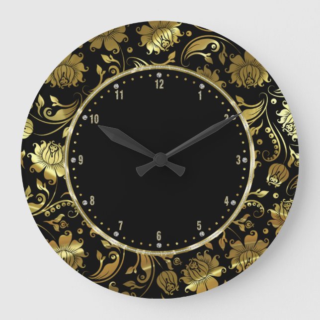 Reloj Redondo Grande Negro y damascos florales del oro (Anverso)