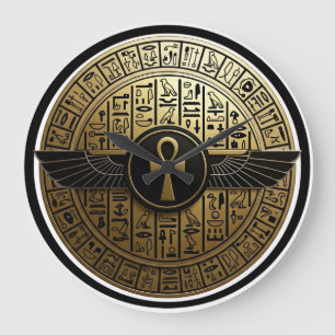 Reloj Redondo Grande NeoAnkh Ankh Dorado y Disco Solar Alado Jeroglífic