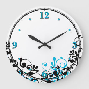Reloj Redondo Grande Neon Blue Black White Floral Wall Clock