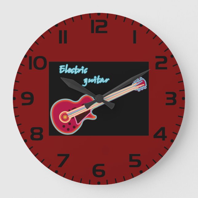 Reloj Redondo Grande Neon Electric Guitar Retro 80s Rock Music (Anverso)