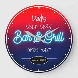Reloj Redondo Grande Neon Red Blue Script Dad o Any Name Bar Grill 