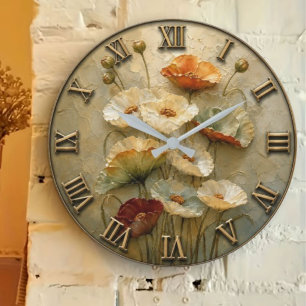 Reloj Redondo Grande Neutral Poppy Elegant Vintage Botanical Decor