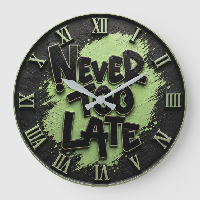 Reloj Redondo Grande Never Too Late Funny Motivational  (Anverso)