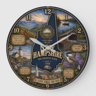 Reloj Redondo Grande New Hampshire Granite State Mountain Lake Rustic