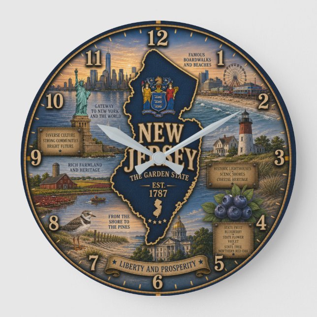 Reloj Redondo Grande New Jersey Garden State Coastal  Lighthouse Rustic (Anverso)