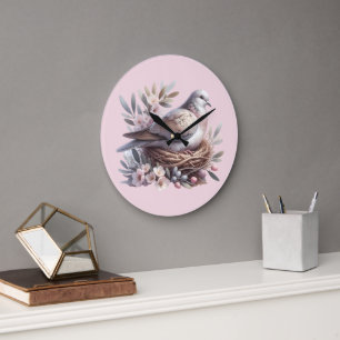 Reloj Redondo Grande Nido de paloma rosado con flores y ramas de olivo