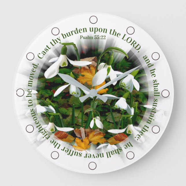 Reloj Redondo Grande Nieve de Bonito con salmo 55:22 (Anverso)