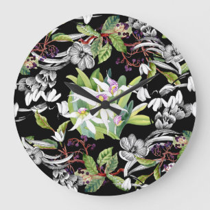 Reloj Redondo Grande Nieves y orquídeas: Patrón negro esbozado