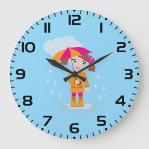Reloj Redondo Grande Niña con Impermeable Naranja y Paraguas Rosa