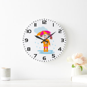 Reloj Redondo Grande Niña con Paraguas en Día Lluvioso Infantil