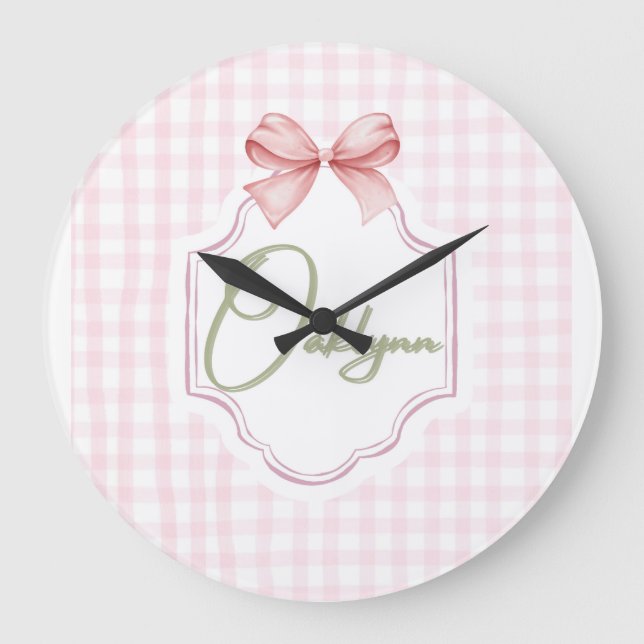 Reloj Redondo Grande Niña Oaklynn Nursery Bow&Gingham personalizada (Anverso)